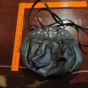 Black leather satchel purse with crystal highlights